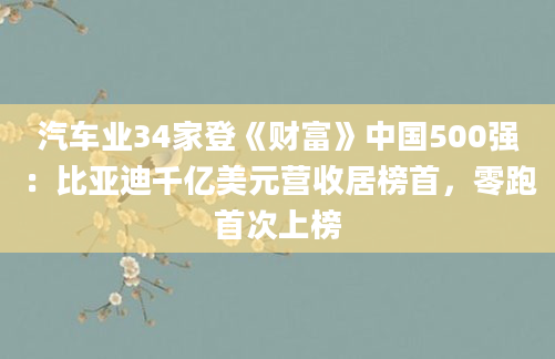 汽车业34家登《财富》中国500强：比亚迪千亿美元营收居榜首，零跑首次上榜