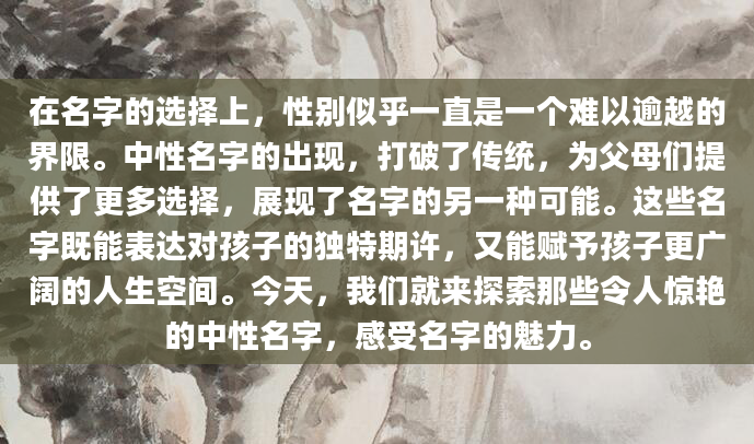 在名字的选择上，性别似乎一直是一个难以逾越的界限。中性名字的出现，打破了传统，为父母们提供了更多选择，展现了名字的另一种可能。这些名字既能表达对孩子的独特期许，又能赋予孩子更广阔的人生空间。今天，我们就来探索那些令人惊艳的中性名字，感受名字的魅力。