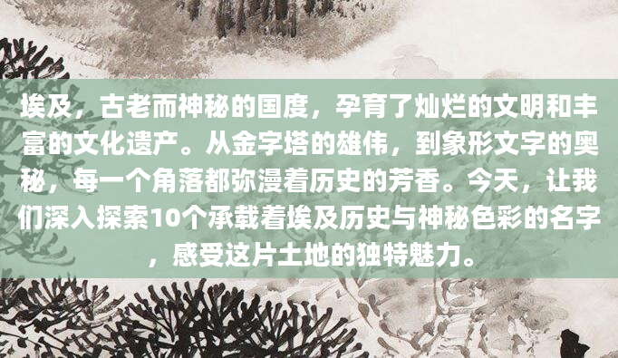 埃及，古老而神秘的国度，孕育了灿烂的文明和丰富的文化遗产。从金字塔的雄伟，到象形文字的奥秘，每一个角落都弥漫着历史的芳香。今天，让我们深入探索10个承载着埃及历史与神秘色彩的名字，感受这片土地的独特魅力。