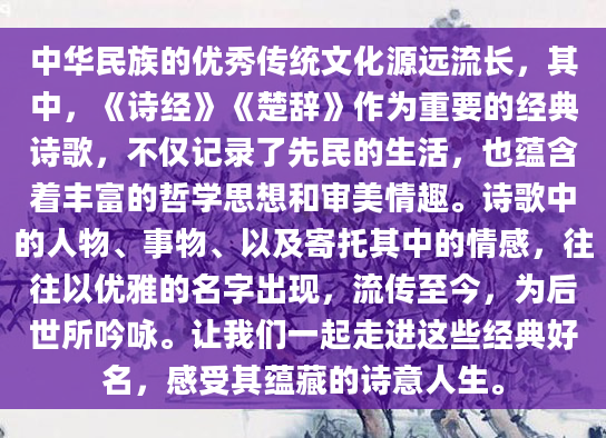 中华民族的优秀传统文化源远流长，其中，《诗经》《楚辞》作为重要的经典诗歌，不仅记录了先民的生活，也蕴含着丰富的哲学思想和审美情趣。诗歌中的人物、事物、以及寄托其中的情感，往往以优雅的名字出现，流传至今，为后世所吟咏。让我们一起走进这些经典好名，感受其蕴藏的诗意人生。