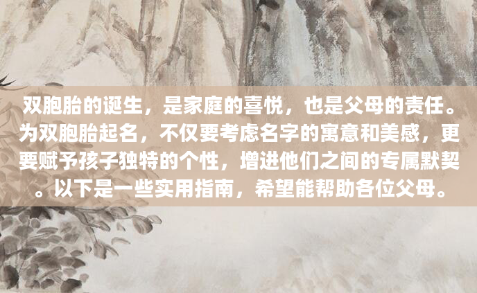 双胞胎的诞生，是家庭的喜悦，也是父母的责任。为双胞胎起名，不仅要考虑名字的寓意和美感，更要赋予孩子独特的个性，增进他们之间的专属默契。以下是一些实用指南，希望能帮助各位父母。