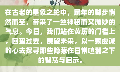 在古老的星象之轮中，鼠年的脚步悄然而至，带来了一丝神秘而又微妙的气息。今日，我们站在黄历的门槛上，回望过去，展望未来，以一颗虔诚的心去探寻那些隐藏在日常喧嚣之下的智慧与启示。