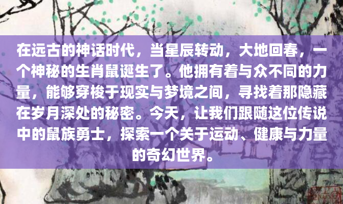 在远古的神话时代，当星辰转动，大地回春，一个神秘的生肖鼠诞生了。他拥有着与众不同的力量，能够穿梭于现实与梦境之间，寻找着那隐藏在岁月深处的秘密。今天，让我们跟随这位传说中的鼠族勇士，探索一个关于运动、健康与力量的奇幻世界。