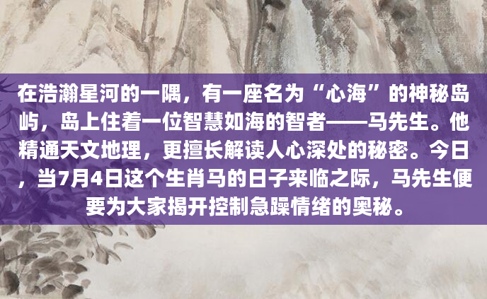 在浩瀚星河的一隅，有一座名为“心海”的神秘岛屿，岛上住着一位智慧如海的智者——马先生。他精通天文地理，更擅长解读人心深处的秘密。今日，当7月4日这个生肖马的日子来临之际，马先生便要为大家揭开控制急躁情绪的奥秘。