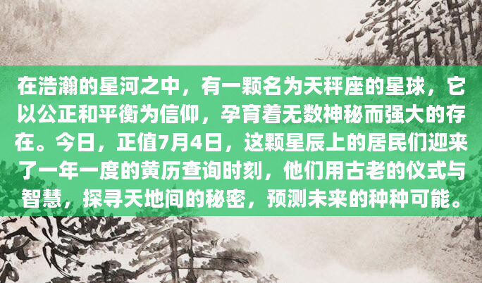 在浩瀚的星河之中，有一颗名为天秤座的星球，它以公正和平衡为信仰，孕育着无数神秘而强大的存在。今日，正值7月4日，这颗星辰上的居民们迎来了一年一度的黄历查询时刻，他们用古老的仪式与智慧，探寻天地间的秘密，预测未来的种种可能。