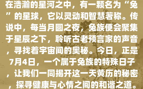 在浩瀚的星河之中，有一颗名为“兔”的星球，它以灵动和智慧著称。传说中，每当月圆之夜，兔族便会聚集于星辰之下，聆听古老预言家的声音，寻找着宇宙间的奥秘。今日，正是7月4日，一个属于兔族的特殊日子，让我们一同揭开这一天黄历的秘密，探寻健康与心情之间的和谐之道。