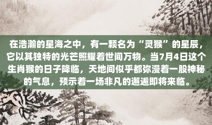 在浩瀚的星海之中，有一颗名为“灵猴”的星辰，它以其独特的光芒照耀着世间万物。当7月4日这个生肖猴的日子降临，天地间似乎都弥漫着一股神秘的气息，预示着一场非凡的邂逅即将来临。
