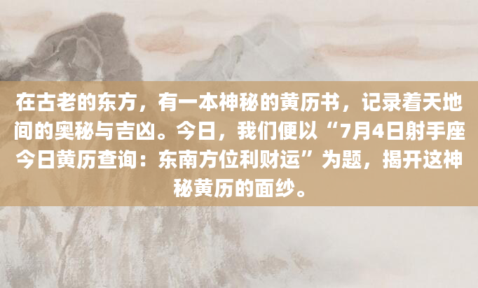 在古老的东方，有一本神秘的黄历书，记录着天地间的奥秘与吉凶。今日，我们便以“7月4日射手座今日黄历查询：东南方位利财运”为题，揭开这神秘黄历的面纱。
