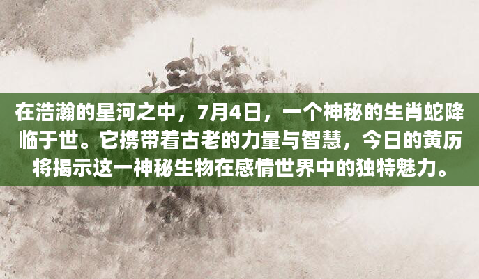 在浩瀚的星河之中，7月4日，一个神秘的生肖蛇降临于世。它携带着古老的力量与智慧，今日的黄历将揭示这一神秘生物在感情世界中的独特魅力。