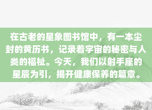 在古老的星象图书馆中，有一本尘封的黄历书，记录着宇宙的秘密与人类的福祉。今天，我们以射手座的星辰为引，揭开健康保养的篇章。