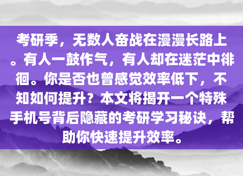 考研季，无数人奋战在漫漫长路上。有人一鼓作气，有人却在迷茫中徘徊。你是否也曾感觉效率低下，不知如何提升？本文将揭开一个特殊手机号背后隐藏的考研学习秘诀，帮助你快速提升效率。