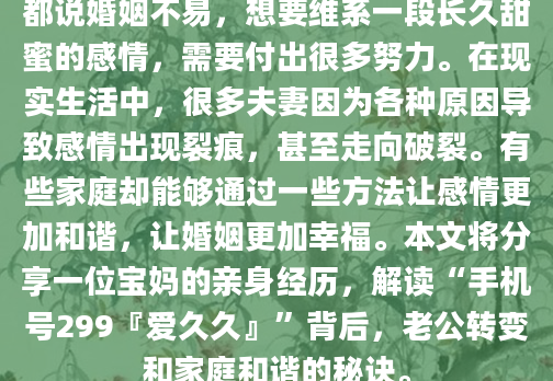 都说婚姻不易，想要维系一段长久甜蜜的感情，需要付出很多努力。在现实生活中，很多夫妻因为各种原因导致感情出现裂痕，甚至走向破裂。有些家庭却能够通过一些方法让感情更加和谐，让婚姻更加幸福。本文将分享一位宝妈的亲身经历，解读“手机号299『爱久久』”背后，老公转变和家庭和谐的秘诀。