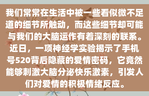 我们常常在生活中被一些看似微不足道的细节所触动，而这些细节却可能与我们的大脑运作有着深刻的联系。近日，一项神经学实验揭示了手机号520背后隐藏的爱情密码，它竟然能够刺激大脑分泌快乐激素，引发人们对爱情的积极情绪反应。