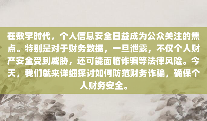 在数字时代，个人信息安全日益成为公众关注的焦点。特别是对于财务数据，一旦泄露，不仅个人财产安全受到威胁，还可能面临诈骗等法律风险。今天，我们就来详细探讨如何防范财务诈骗，确保个人财务安全。