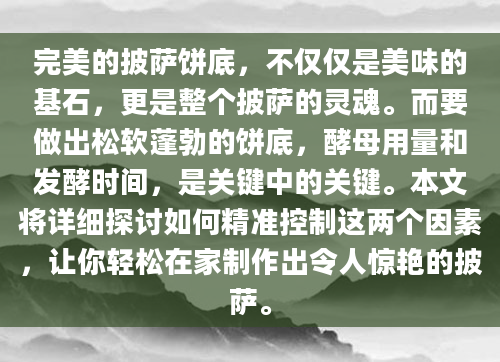 完美的披萨饼底，不仅仅是美味的基石，更是整个披萨的灵魂。而要做出松软蓬勃的饼底，酵母用量和发酵时间，是关键中的关键。本文将详细探讨如何精准控制这两个因素，让你轻松在家制作出令人惊艳的披萨。