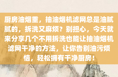 厨房油烟重，抽油烟机滤网总是油腻腻的，拆洗又麻烦？别担心，今天就来分享几个不用拆洗也能让抽油烟机滤网干净的方法，让你告别油污烦恼，轻松拥有干净厨房！