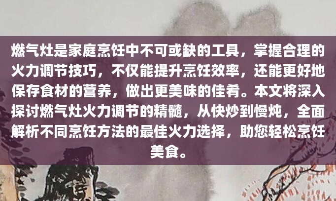 燃气灶是家庭烹饪中不可或缺的工具，掌握合理的火力调节技巧，不仅能提升烹饪效率，还能更好地保存食材的营养，做出更美味的佳肴。本文将深入探讨燃气灶火力调节的精髓，从快炒到慢炖，全面解析不同烹饪方法的最佳火力选择，助您轻松烹饪美食。
