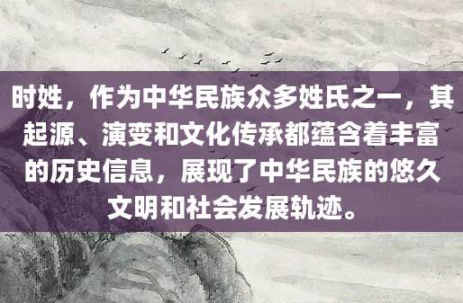 时姓，作为中华民族众多姓氏之一，其起源、演变和文化传承都蕴含着丰富的历史信息，展现了中华民族的悠久文明和社会发展轨迹。