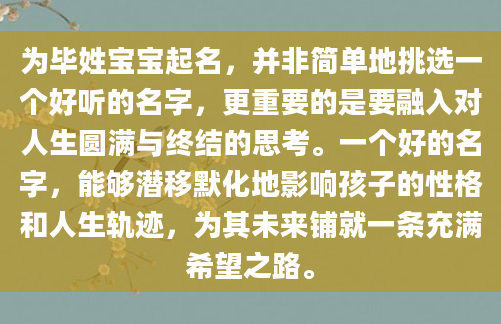 为毕姓宝宝起名，并非简单地挑选一个好听的名字，更重要的是要融入对人生圆满与终结的思考。一个好的名字，能够潜移默化地影响孩子的性格和人生轨迹，为其未来铺就一条充满希望之路。