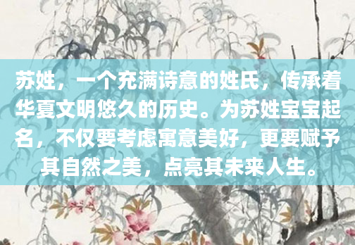 苏姓，一个充满诗意的姓氏，传承着华夏文明悠久的历史。为苏姓宝宝起名，不仅要考虑寓意美好，更要赋予其自然之美，点亮其未来人生。