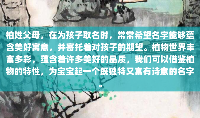 柏姓父母，在为孩子取名时，常常希望名字能够蕴含美好寓意，并寄托着对孩子的期望。植物世界丰富多彩，蕴含着许多美好的品质，我们可以借鉴植物的特性，为宝宝起一个既独特又富有诗意的名字。