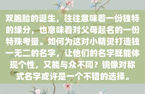 双胞胎的诞生，往往意味着一份独特的缘分，也意味着对父母起名的一份特殊考量。如何为这对小精灵打造独一无二的名字，让他们的名字既能体现个性，又能与众不同？镜像对称式名字或许是一个不错的选择。
