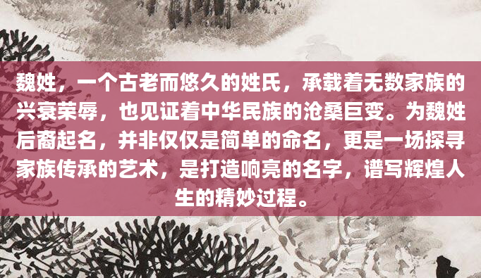 魏姓，一个古老而悠久的姓氏，承载着无数家族的兴衰荣辱，也见证着中华民族的沧桑巨变。为魏姓后裔起名，并非仅仅是简单的命名，更是一场探寻家族传承的艺术，是打造响亮的名字，谱写辉煌人生的精妙过程。
