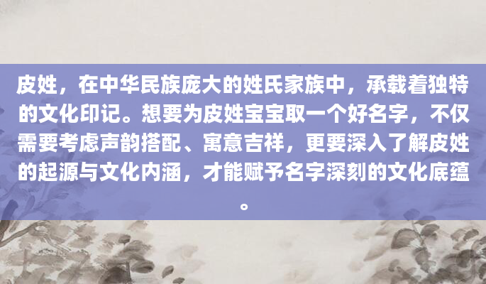 皮姓，在中华民族庞大的姓氏家族中，承载着独特的文化印记。想要为皮姓宝宝取一个好名字，不仅需要考虑声韵搭配、寓意吉祥，更要深入了解皮姓的起源与文化内涵，才能赋予名字深刻的文化底蕴。