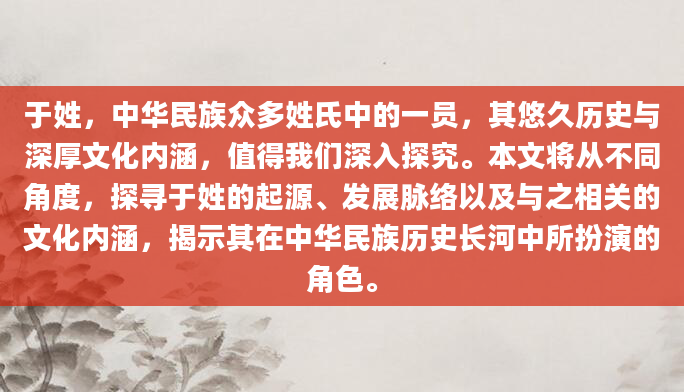 于姓，中华民族众多姓氏中的一员，其悠久历史与深厚文化内涵，值得我们深入探究。本文将从不同角度，探寻于姓的起源、发展脉络以及与之相关的文化内涵，揭示其在中华民族历史长河中所扮演的角色。