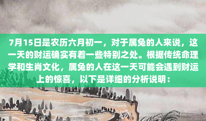 7月15日是农历六月初一，对于属兔的人来说，这一天的财运确实有着一些特别之处。根据传统命理学和生肖文化，属兔的人在这一天可能会遇到财运上的惊喜，以下是详细的分析说明：