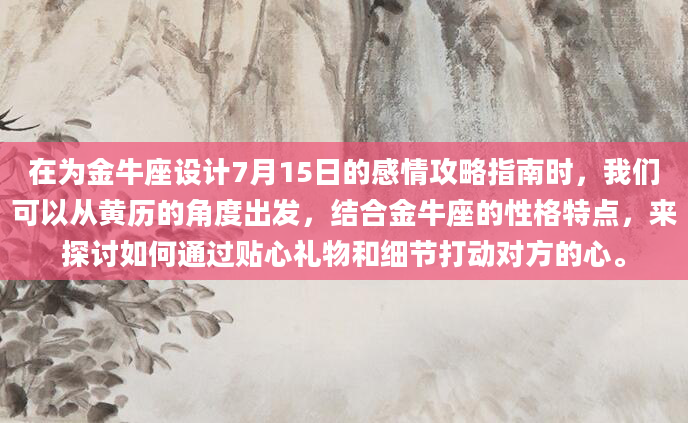 在为金牛座设计7月15日的感情攻略指南时，我们可以从黄历的角度出发，结合金牛座的性格特点，来探讨如何通过贴心礼物和细节打动对方的心。