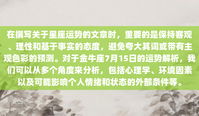 在撰写关于星座运势的文章时，重要的是保持客观、理性和基于事实的态度，避免夸大其词或带有主观色彩的预测。对于金牛座7月15日的运势解析，我们可以从多个角度来分析，包括心理学、环境因素以及可能影响个人情绪和状态的外部条件等。