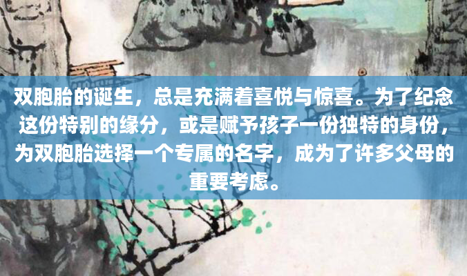 双胞胎的诞生，总是充满着喜悦与惊喜。为了纪念这份特别的缘分，或是赋予孩子一份独特的身份，为双胞胎选择一个专属的名字，成为了许多父母的重要考虑。
