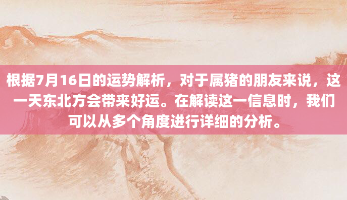 根据7月16日的运势解析，对于属猪的朋友来说，这一天东北方会带来好运。在解读这一信息时，我们可以从多个角度进行详细的分析。