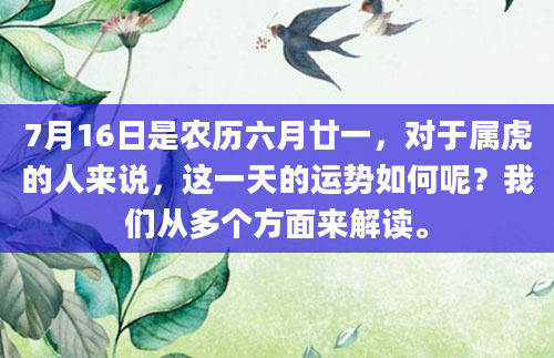 7月16日是农历六月廿一，对于属虎的人来说，这一天的运势如何呢？我们从多个方面来解读。