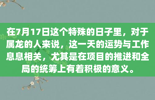 在7月17日这个特殊的日子里，对于属龙的人来说，这一天的运势与工作息息相关，尤其是在项目的推进和全局的统筹上有着积极的意义。