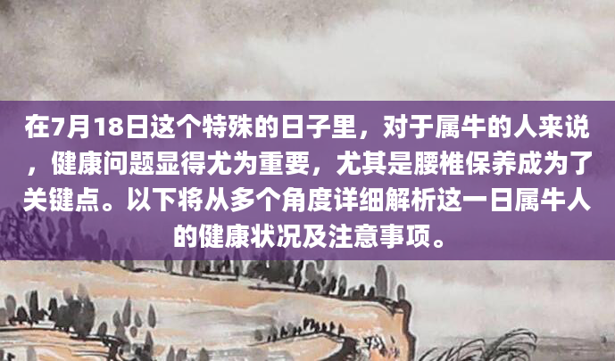 在7月18日这个特殊的日子里，对于属牛的人来说，健康问题显得尤为重要，尤其是腰椎保养成为了关键点。以下将从多个角度详细解析这一日属牛人的健康状况及注意事项。