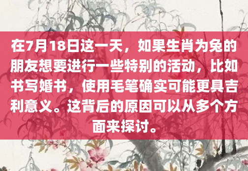 在7月18日这一天，如果生肖为兔的朋友想要进行一些特别的活动，比如书写婚书，使用毛笔确实可能更具吉利意义。这背后的原因可以从多个方面来探讨。