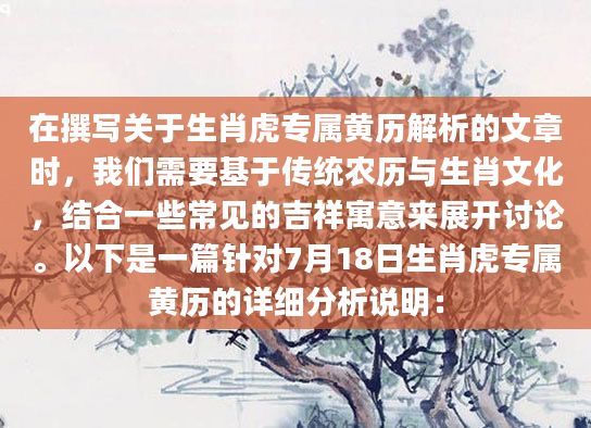 在撰写关于生肖虎专属黄历解析的文章时，我们需要基于传统农历与生肖文化，结合一些常见的吉祥寓意来展开讨论。以下是一篇针对7月18日生肖虎专属黄历的详细分析说明：