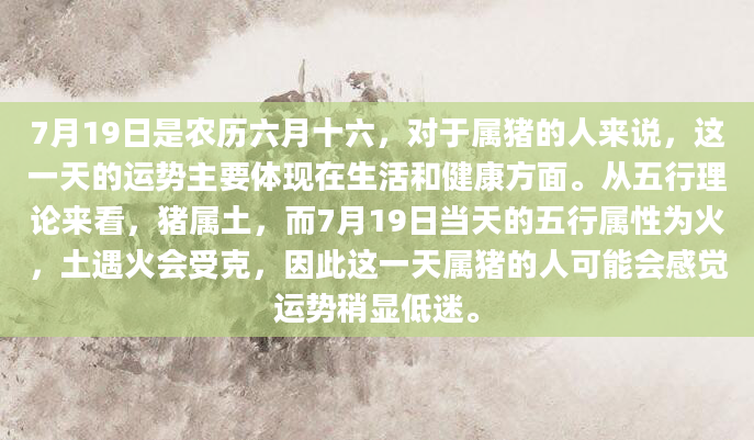 7月19日是农历六月十六，对于属猪的人来说，这一天的运势主要体现在生活和健康方面。从五行理论来看，猪属土，而7月19日当天的五行属性为火，土遇火会受克，因此这一天属猪的人可能会感觉运势稍显低迷。