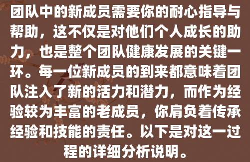 团队中的新成员需要你的耐心指导与帮助，这不仅是对他们个人成长的助力，也是整个团队健康发展的关键一环。每一位新成员的到来都意味着团队注入了新的活力和潜力，而作为经验较为丰富的老成员，你肩负着传承经验和技能的责任。以下是对这一过程的详细分析说明。