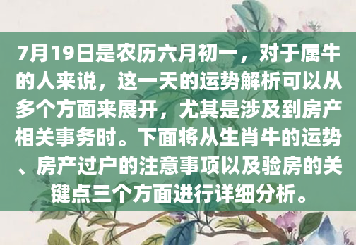 7月19日是农历六月初一，对于属牛的人来说，这一天的运势解析可以从多个方面来展开，尤其是涉及到房产相关事务时。下面将从生肖牛的运势、房产过户的注意事项以及验房的关键点三个方面进行详细分析。