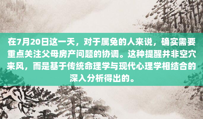 在7月20日这一天，对于属兔的人来说，确实需要重点关注父母房产问题的协调。这种提醒并非空穴来风，而是基于传统命理学与现代心理学相结合的深入分析得出的。