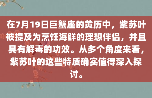 在7月19日巨蟹座的黄历中，紫苏叶被提及为烹饪海鲜的理想伴侣，并且具有解毒的功效。从多个角度来看，紫苏叶的这些特质确实值得深入探讨。
