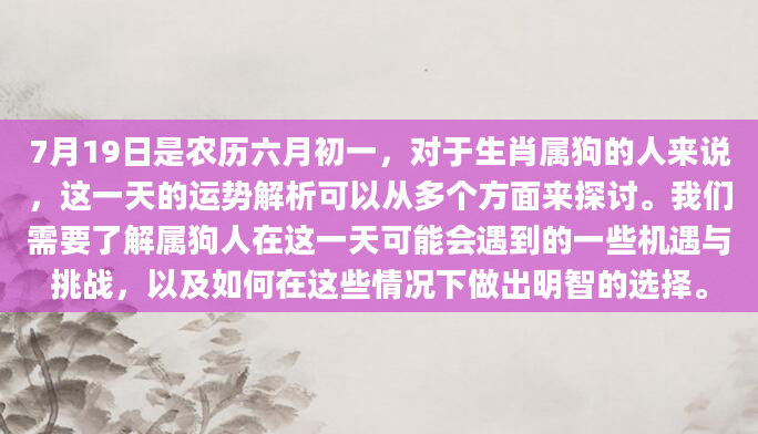 7月19日是农历六月初一，对于生肖属狗的人来说，这一天的运势解析可以从多个方面来探讨。我们需要了解属狗人在这一天可能会遇到的一些机遇与挑战，以及如何在这些情况下做出明智的选择。