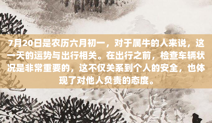 7月20日是农历六月初一，对于属牛的人来说，这一天的运势与出行相关。在出行之前，检查车辆状况是非常重要的，这不仅关系到个人的安全，也体现了对他人负责的态度。