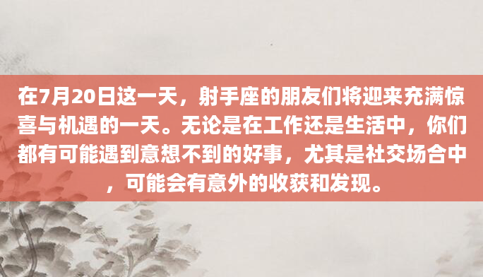 在7月20日这一天，射手座的朋友们将迎来充满惊喜与机遇的一天。无论是在工作还是生活中，你们都有可能遇到意想不到的好事，尤其是社交场合中，可能会有意外的收获和发现。