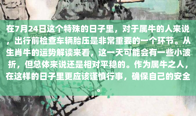在7月24日这个特殊的日子里，对于属牛的人来说，出行前检查车辆胎压是非常重要的一个环节。从生肖牛的运势解读来看，这一天可能会有一些小波折，但总体来说还是相对平稳的。作为属牛之人，在这样的日子里更应该谨慎行事，确保自己的安全。