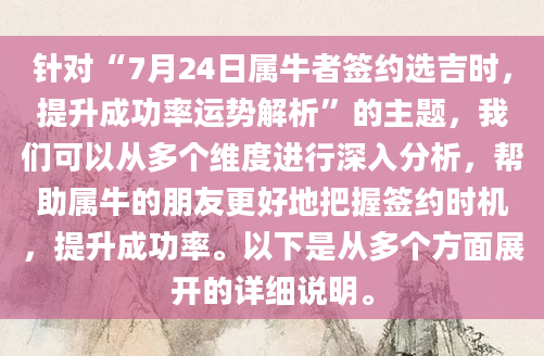 针对“7月24日属牛者签约选吉时，提升成功率运势解析”的主题，我们可以从多个维度进行深入分析，帮助属牛的朋友更好地把握签约时机，提升成功率。以下是从多个方面展开的详细说明。