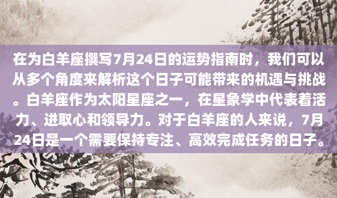 在为白羊座撰写7月24日的运势指南时，我们可以从多个角度来解析这个日子可能带来的机遇与挑战。白羊座作为太阳星座之一，在星象学中代表着活力、进取心和领导力。对于白羊座的人来说，7月24日是一个需要保持专注、高效完成任务的日子。